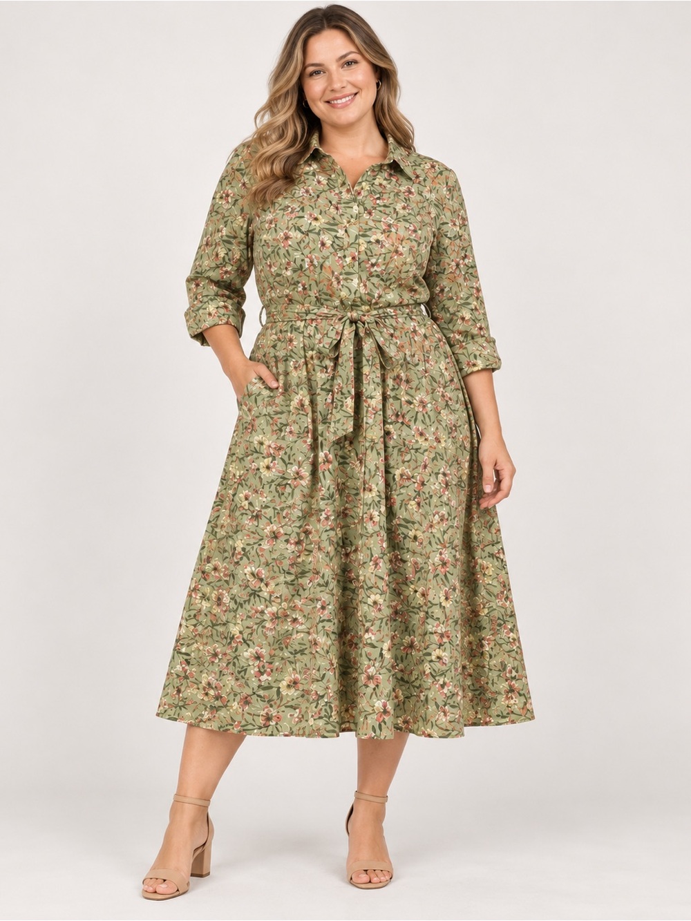 Appleseed's Midi Shirt Dress featured allover olive green floral pattern xl d1